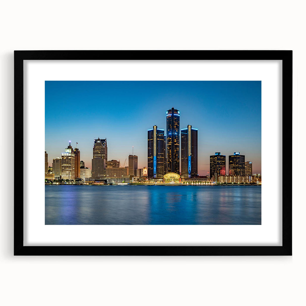 Extra large abstract art print of colorful, textured Detroit skyline on a framed black mat, ideal for living room decor.