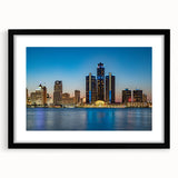 Extra large abstract art print of colorful, textured Detroit skyline on a framed black mat, ideal for living room decor.