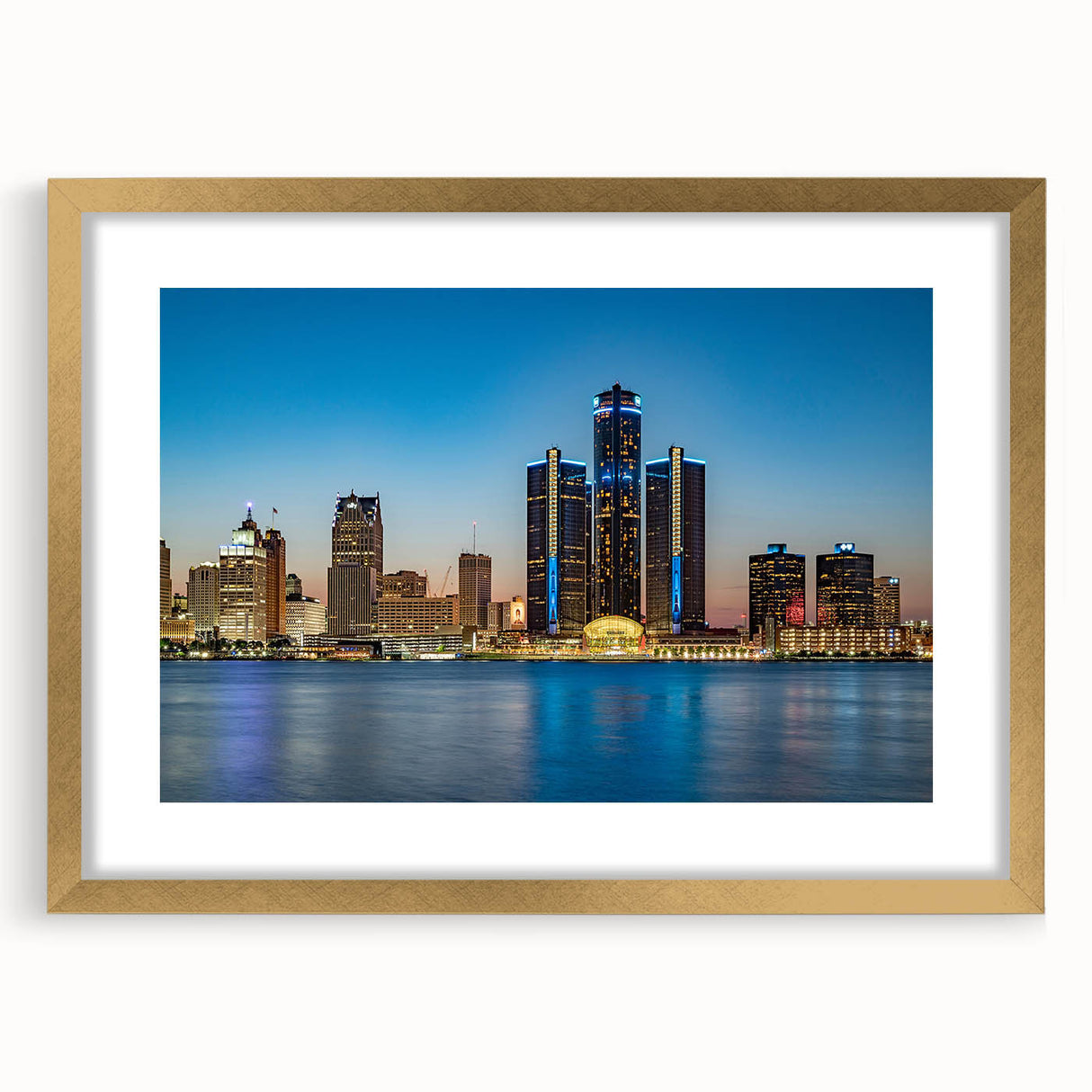 Extra large abstract art print of Detroit skyline in textured gold frame, ideal for living room decor.