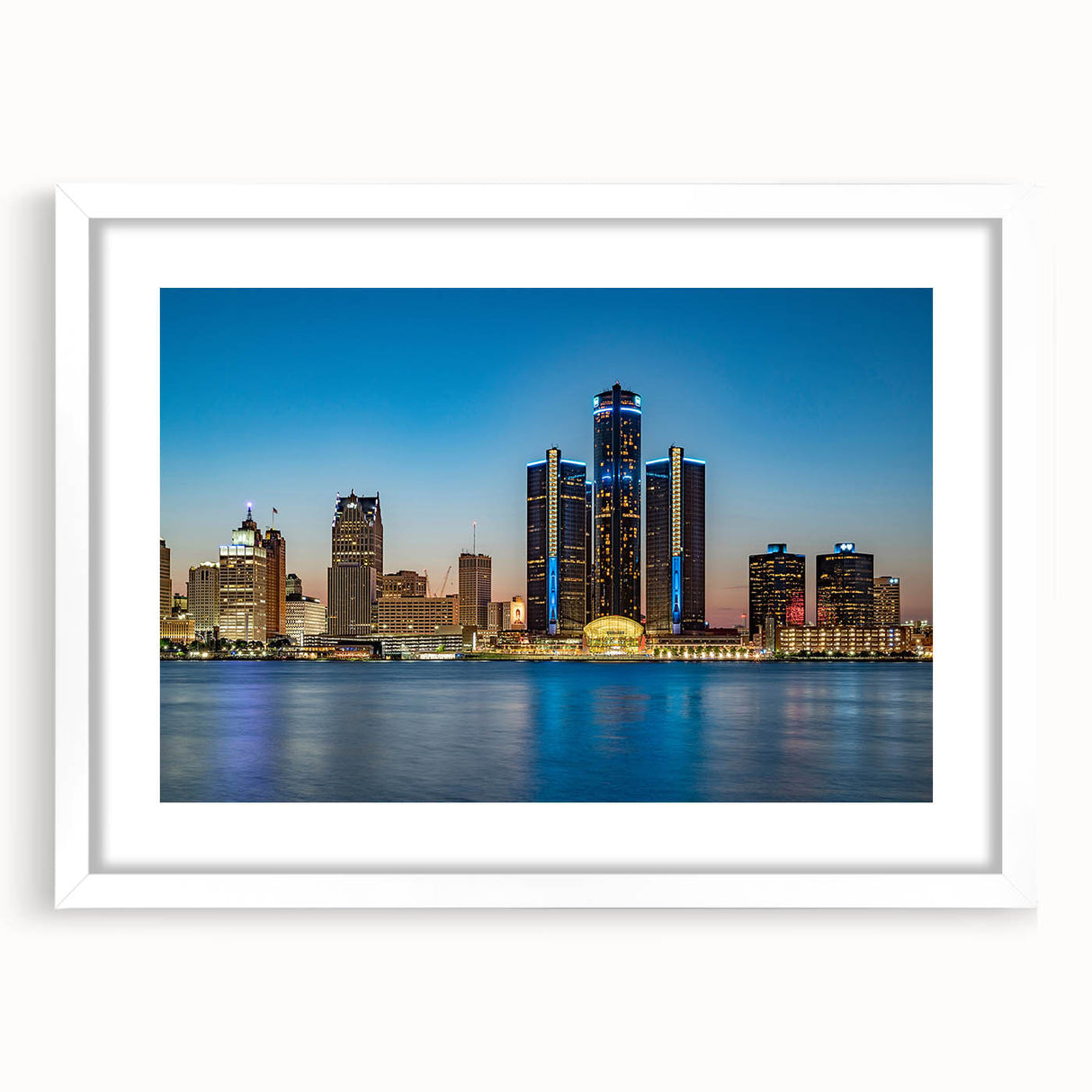 Abstract art print of Detroit skyline in muted blue and gray tones on a framed white mat, ideal for modern dining room decor.