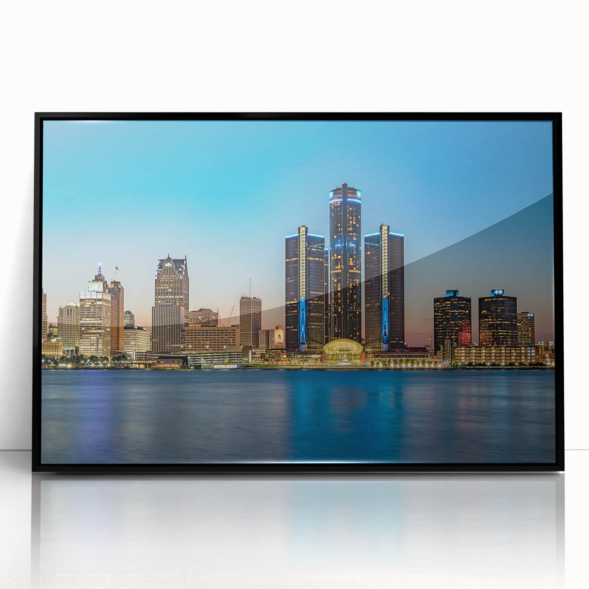 Large abstract wall art of Detroit skyline in muted gray tones on a black framed acrylic print.