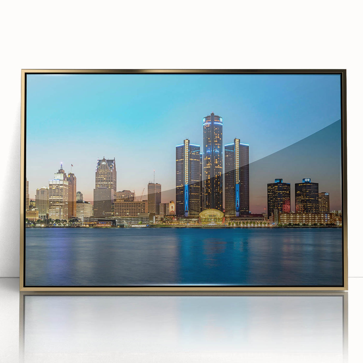 Mid-century modernist art of Detroit skyline in gold and black tones on framed acrylic, suitable for modern art wall decor.