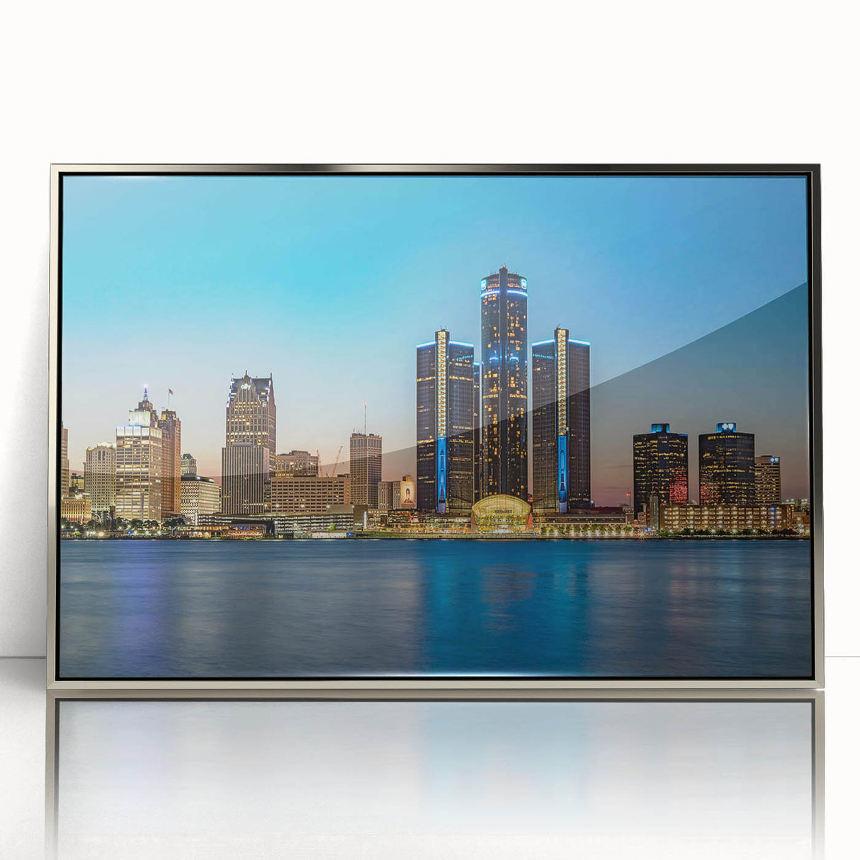 Mid-century modernist art depicting Detroit skyline in muted blue tones on a framed acrylic print.