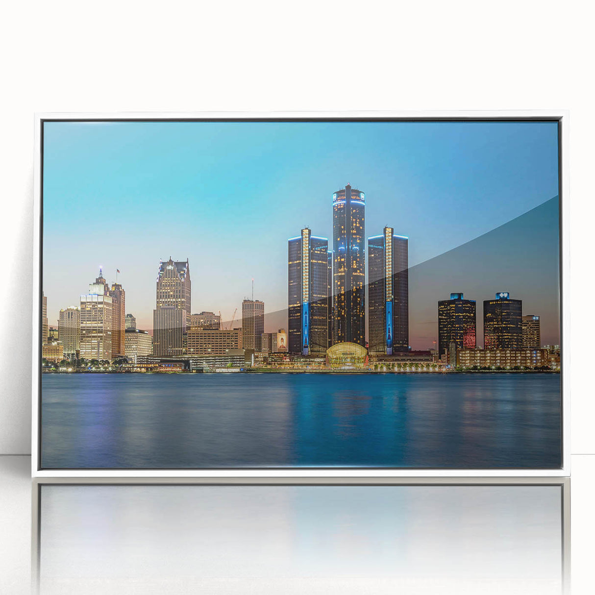 Art deco poster of Detroit skyline in muted gray and blue tones, framed acrylic, ideal for modern nursery wall art.