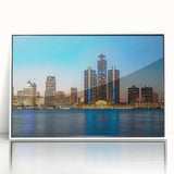 Art deco poster of Detroit skyline in muted gray and blue tones, framed acrylic, ideal for modern nursery wall art.