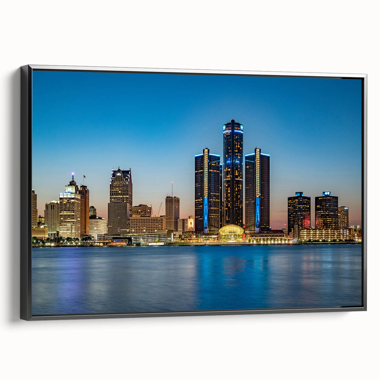 Black and white framed canvas of Detroit landscape with vintage poster art style, suitable for bedroom decor.