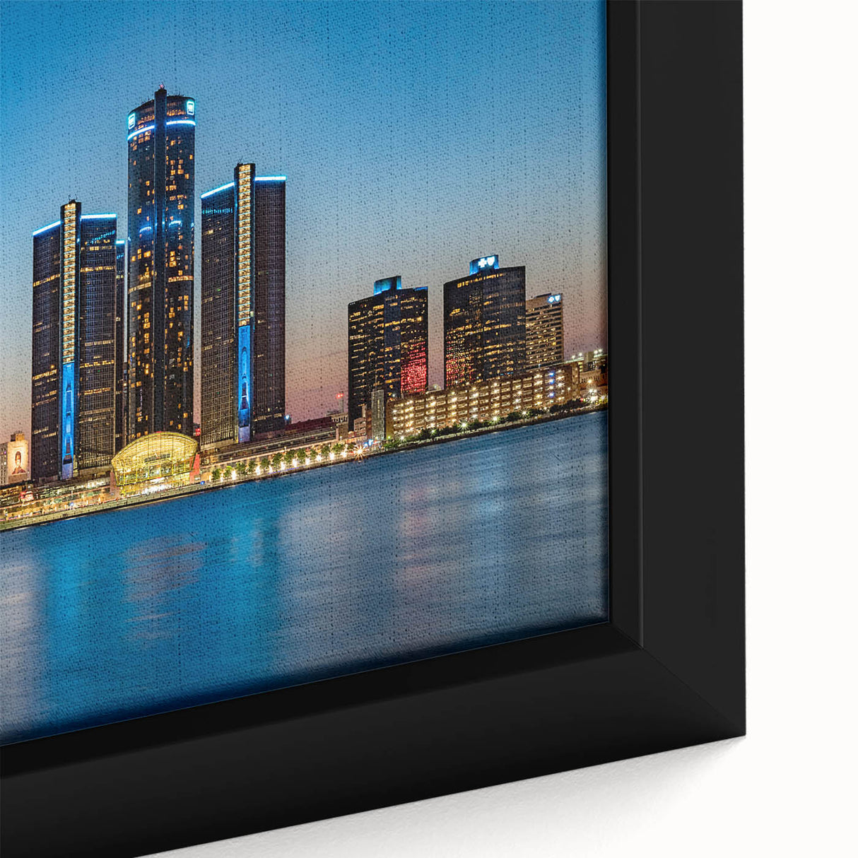 Extra large framed canvas depicting a textured, colorful Detroit skyline on a black background, ideal for living room decor.