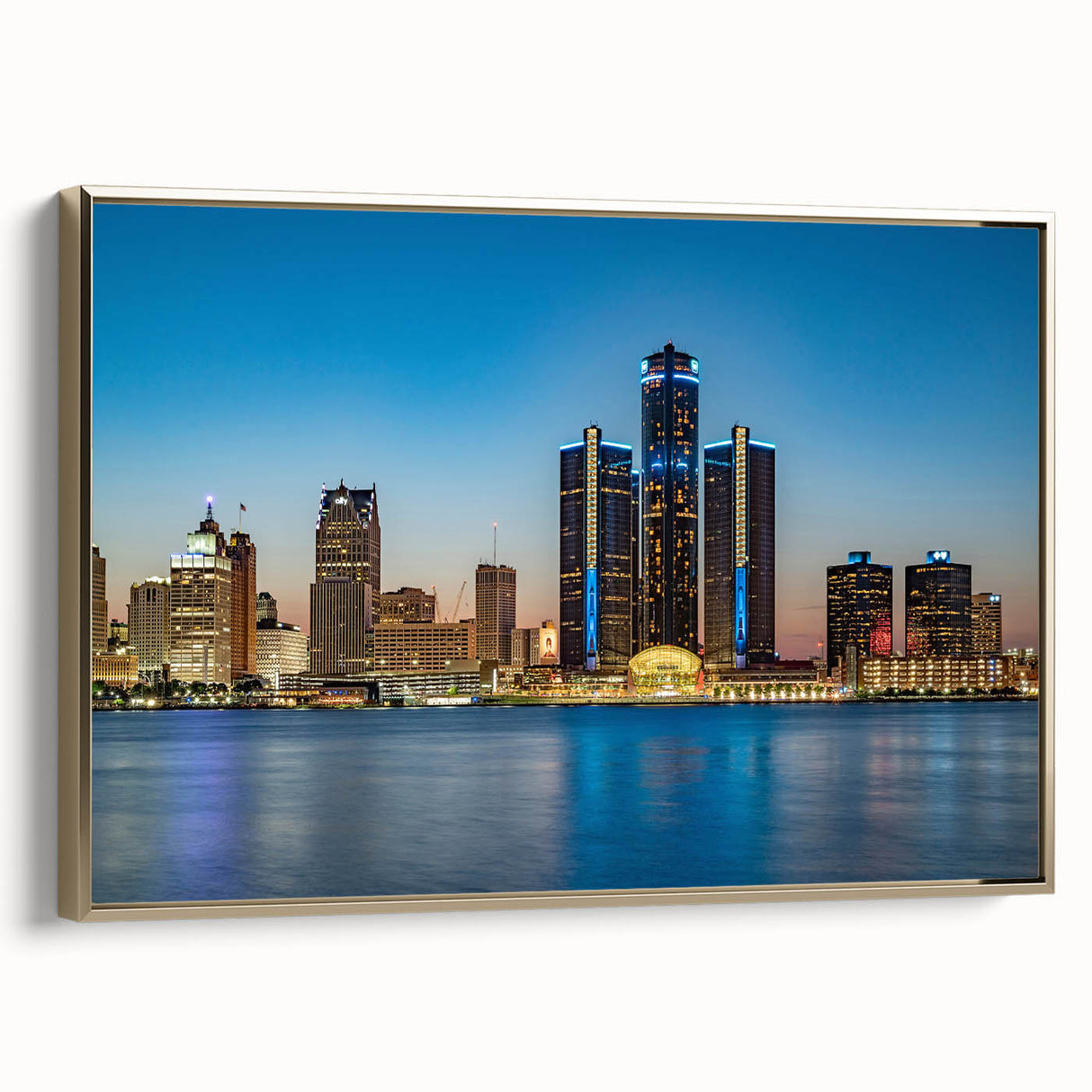 Framed canvas depicting a vintage-style Detroit landscape in muted gold and black tones, suitable for bedroom wall art.