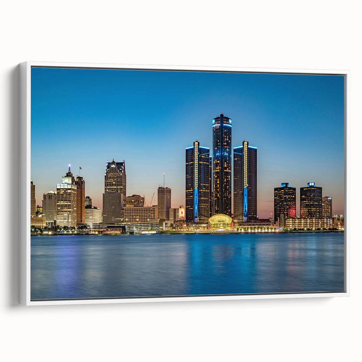 Vintage poster art of Detroit skyline in colorful hues on a large framed canvas, suitable for living room decor.