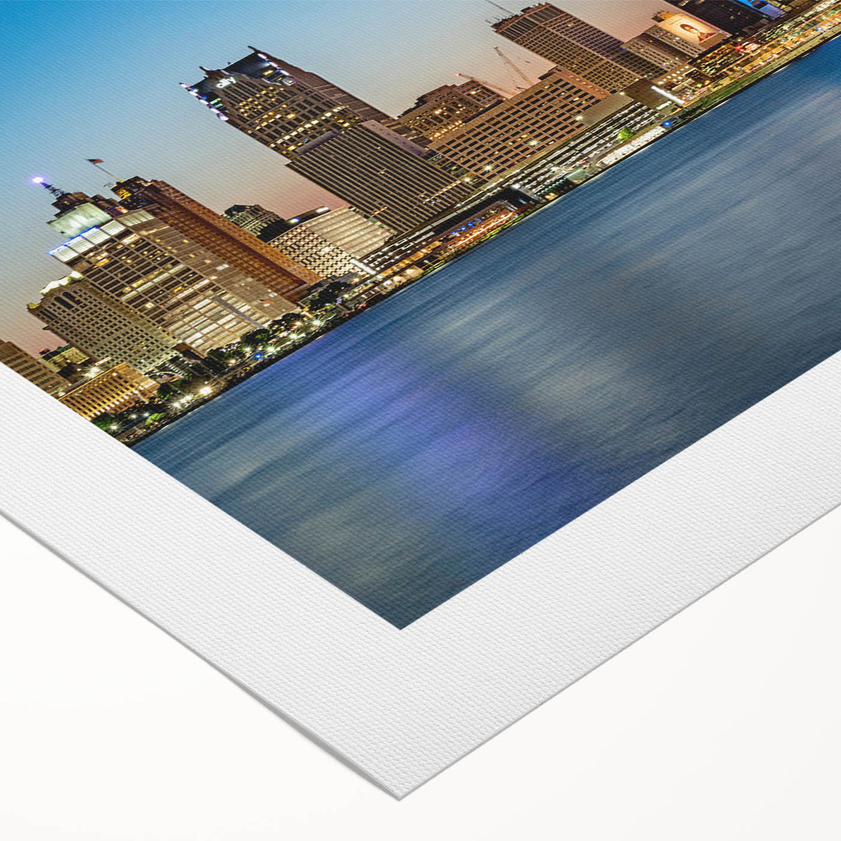 Art deco poster of Detroit skyline in muted gray and blue tones on rolled canvas, suitable for dining room wall art.