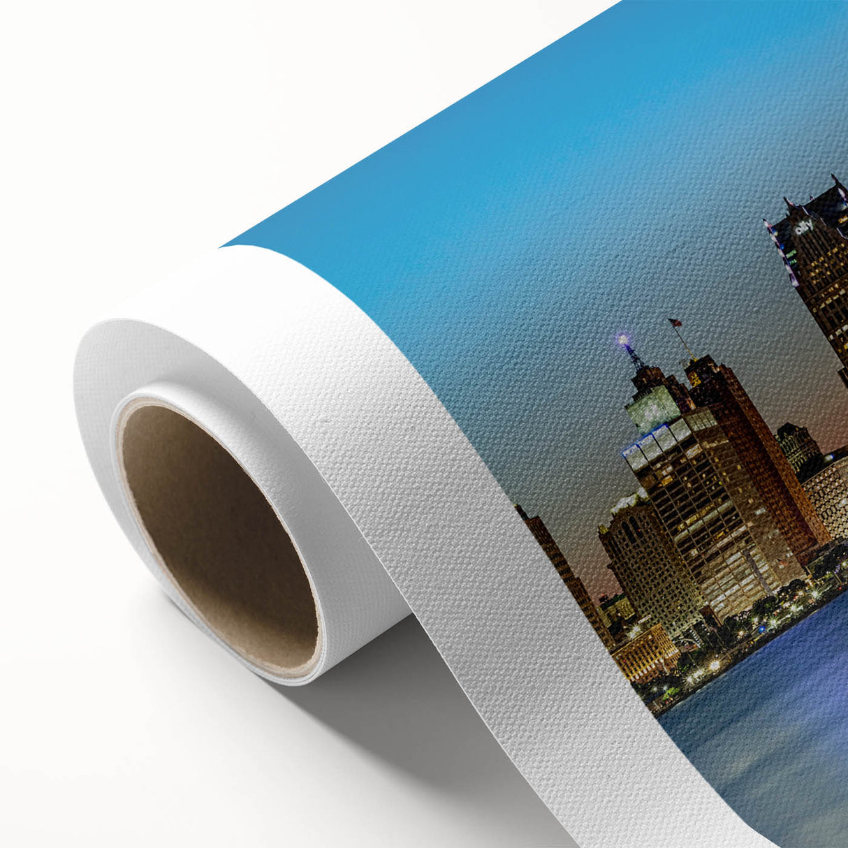 Art deco style Detroit skyline on rolled canvas in pastel shades, suitable for nursery wall art.