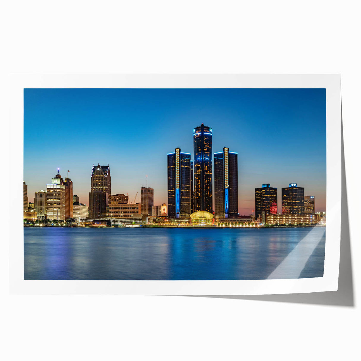 Rolled print of Detroit skyline in muted gray and blue tones, ideal for dining room wall art.