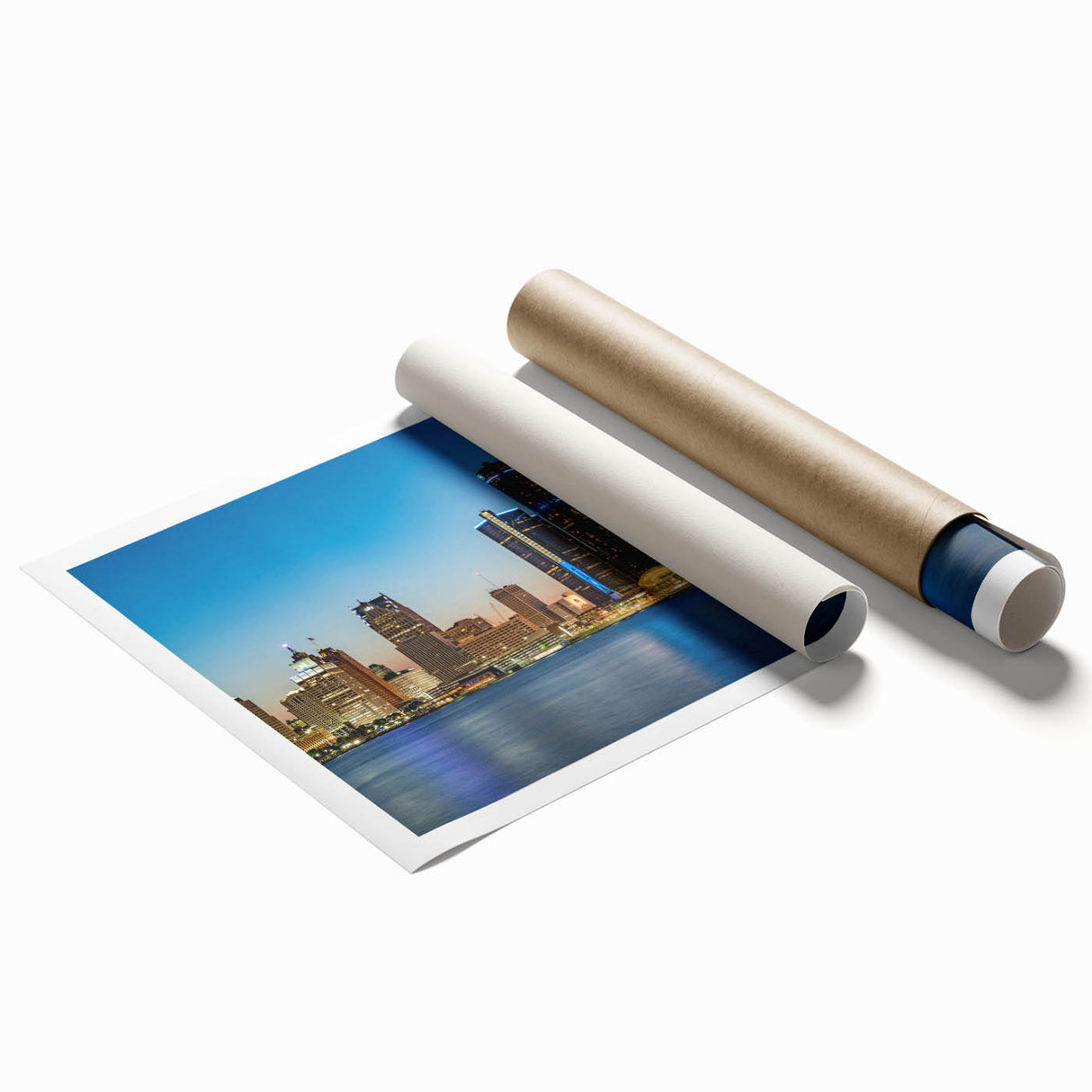 Extra large rolled print of Detroit skyline in muted blue and gray tones, suitable for classy bathroom wall art.
