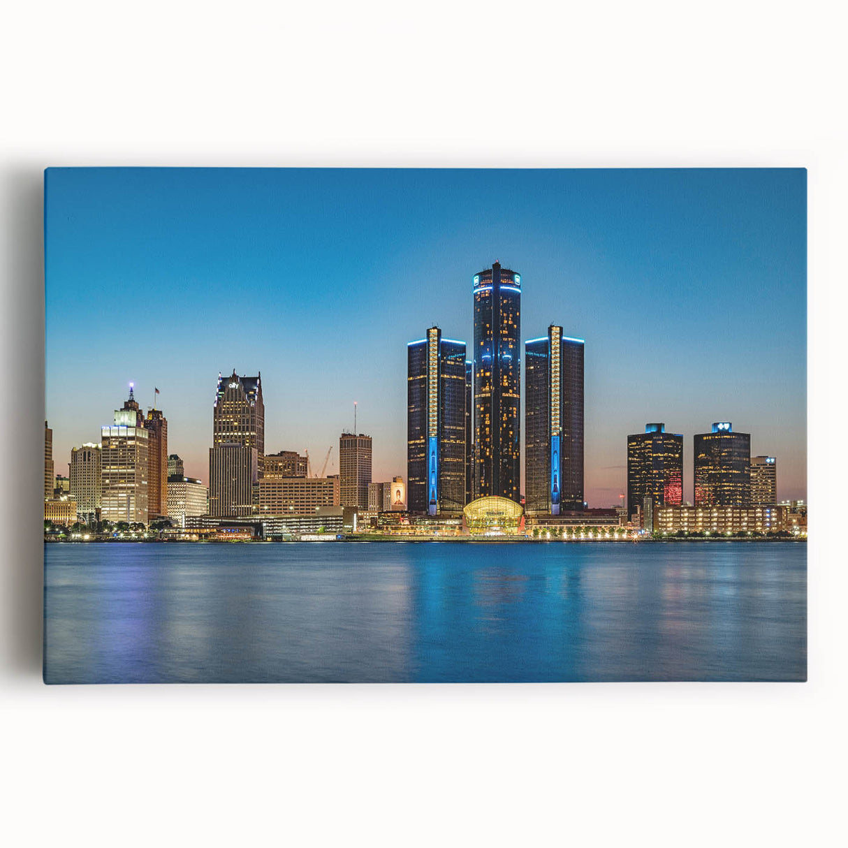 Black and white photo of the Detroit skyline on stretched canvas, suitable as large kitchen wall art.