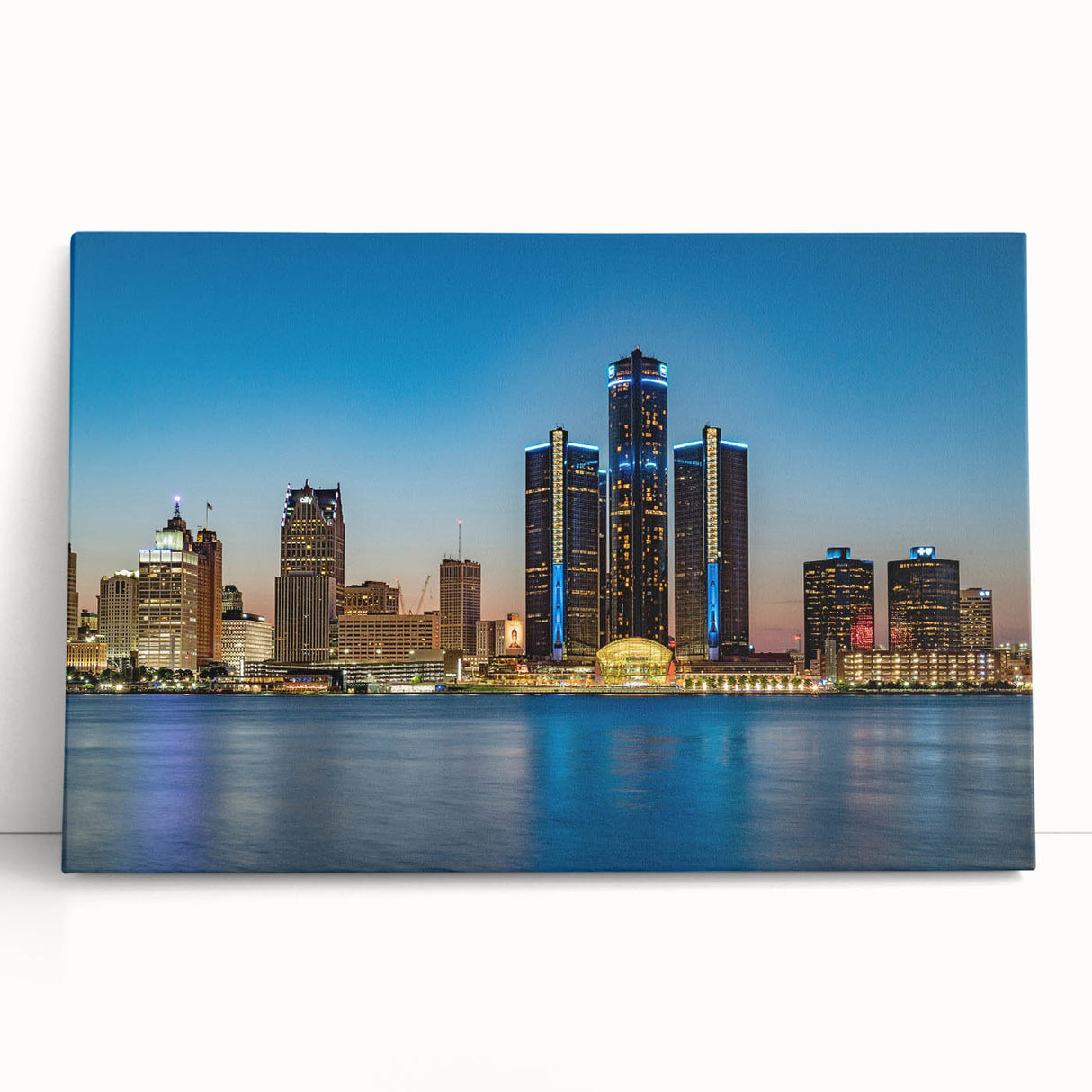 Large black and white stretched canvas of Detroit skyline, ideal for kitchen wall art.