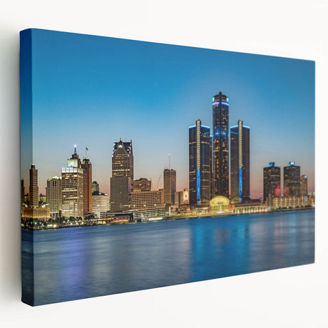 Detroit skyline in muted gray and blue tones on a large stretched canvas, suitable for kitchen wall art.