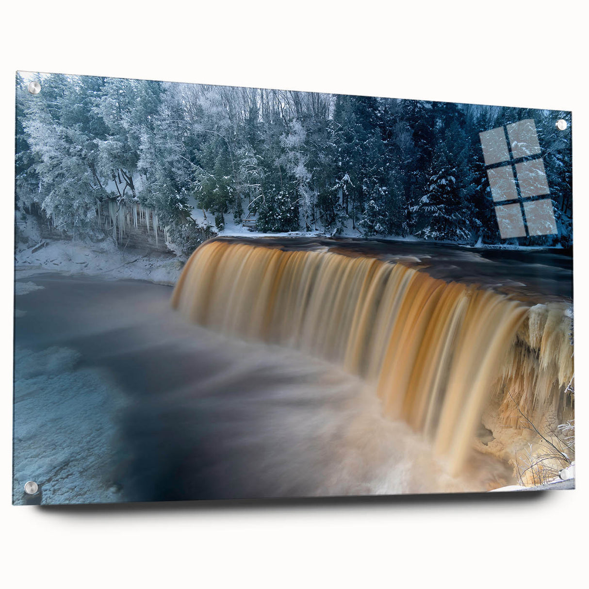 Acrylic print of a serene Michigan Upper Peninsula landscape in muted earth tones, ideal for bedroom or dining room decor.