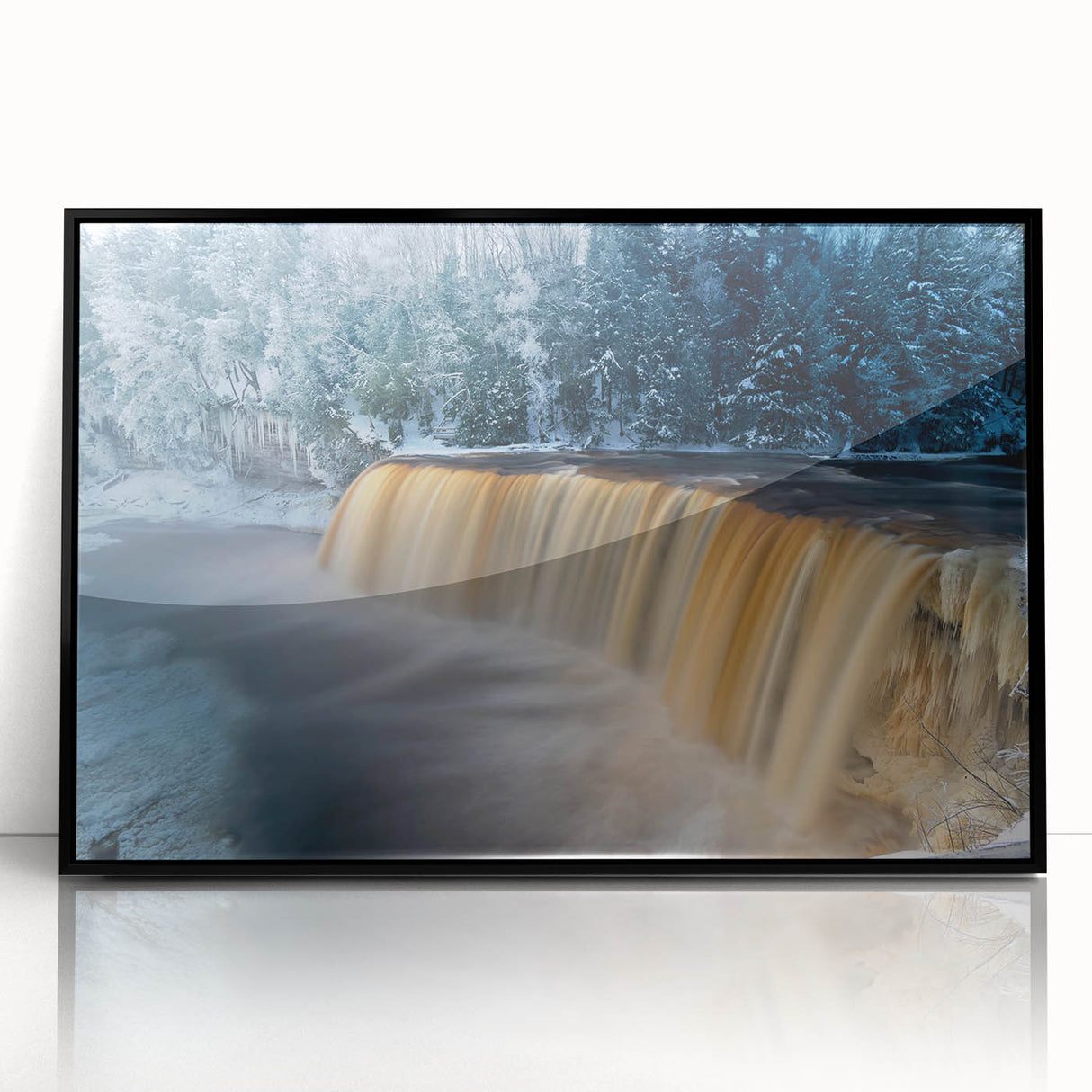 Large abstract wall art of Michigan’s Upper Peninsula in muted earth tones on a black framed acrylic.