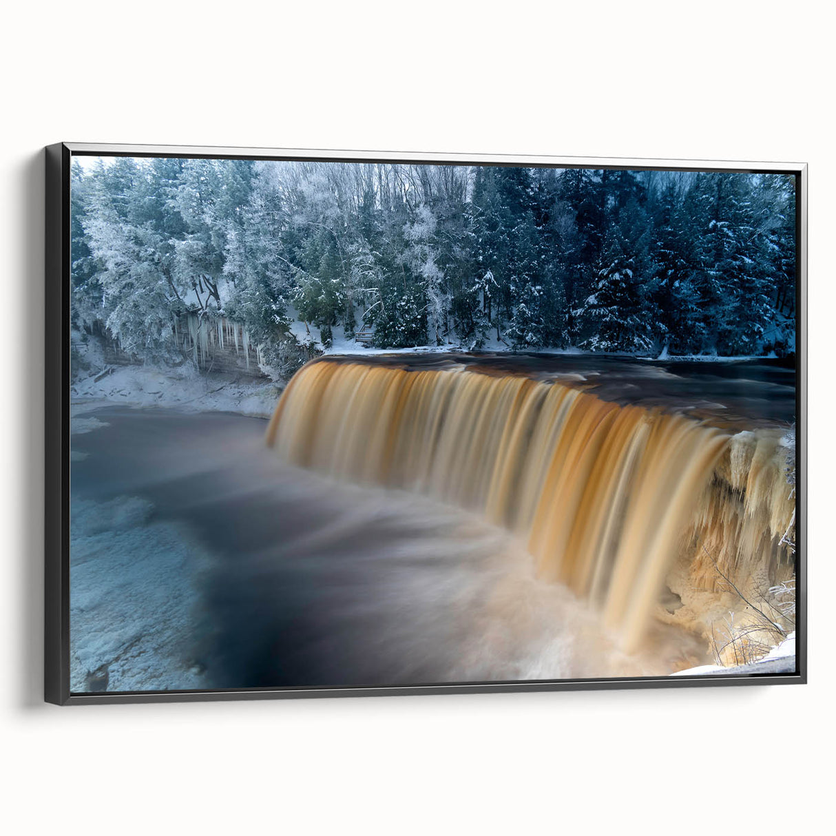 Black and white wall art depicting Michigan's Upper Peninsula landscape on framed canvas, ideal for bedroom decor.