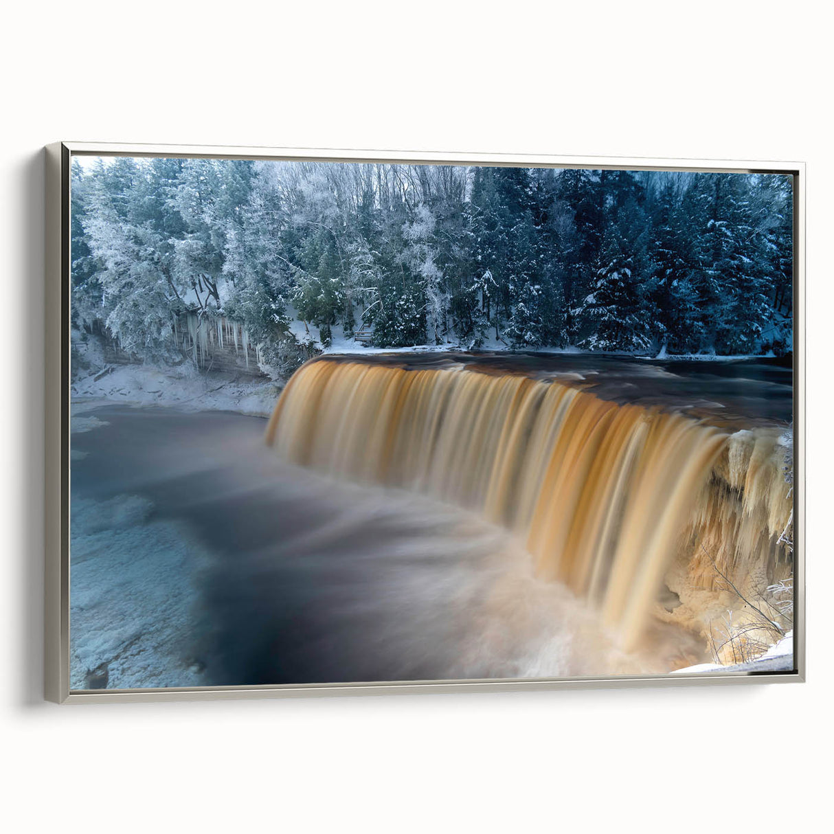 Framed canvas of a vintage-style landscape painting depicting Michigan's Upper Peninsula in colorful hues.