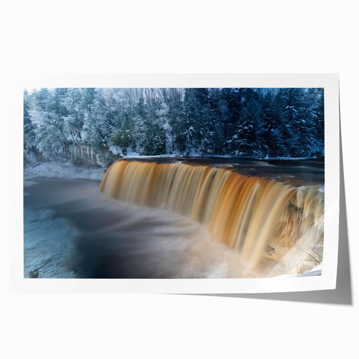 Upper Peninsula, Michigan landscape on rolled print, featuring soft green and blue hues, ideal for art wall dining room.