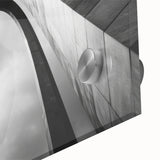 Large abstract wall art depicting the St. Louis skyline in muted blue tones on acrylic glass, ideal for dining room ambiance.