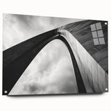 Acrylic print of St. Louis skyline in muted blues and grays, suitable for bedroom or dining room decor.