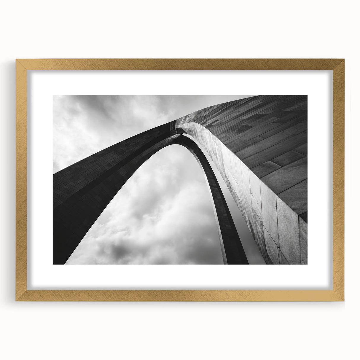 Extra large abstract art print of St. Louis skyline in textured gold frame, ideal for living room decor.