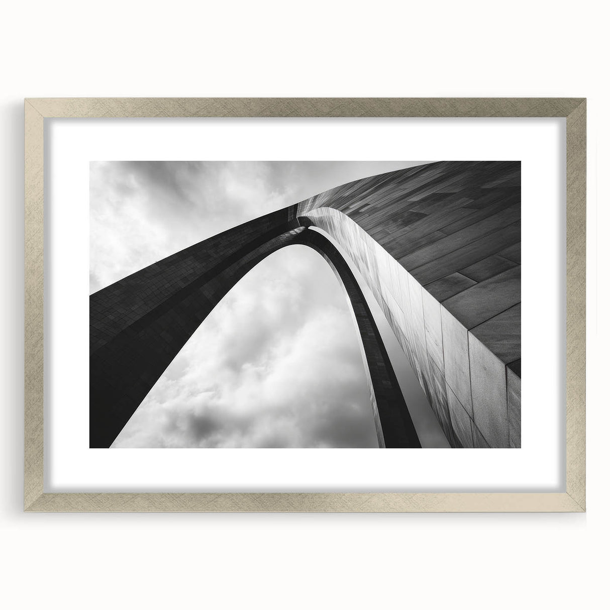 Textured art print of St. Louis skyline in muted blue and gray tones on a framed silver mat, ideal for bedroom wall decor.