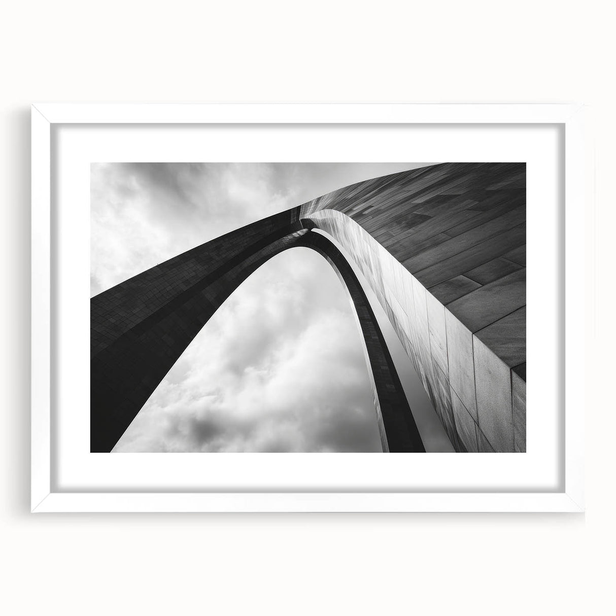 Abstract art print of St. Louis skyline in muted gray and blue tones on a framed white mat, suitable for dining room decor.