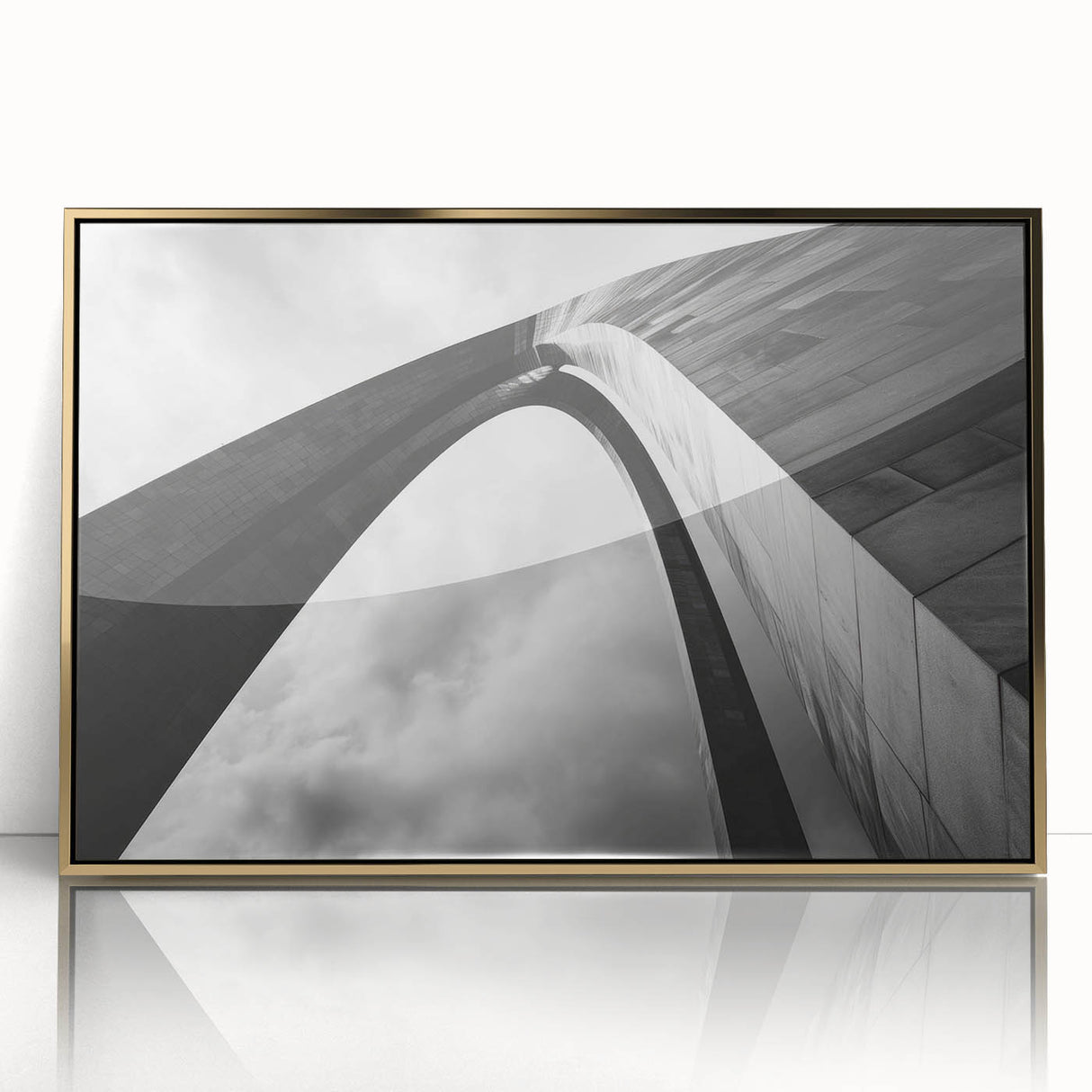 Mid-century modernist art of St. Louis skyline in gold and blue tones on framed acrylic, suitable for modern wall decor.