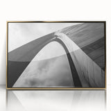 Mid-century modernist art of St. Louis skyline in gold and blue tones on framed acrylic, suitable for modern wall decor.
