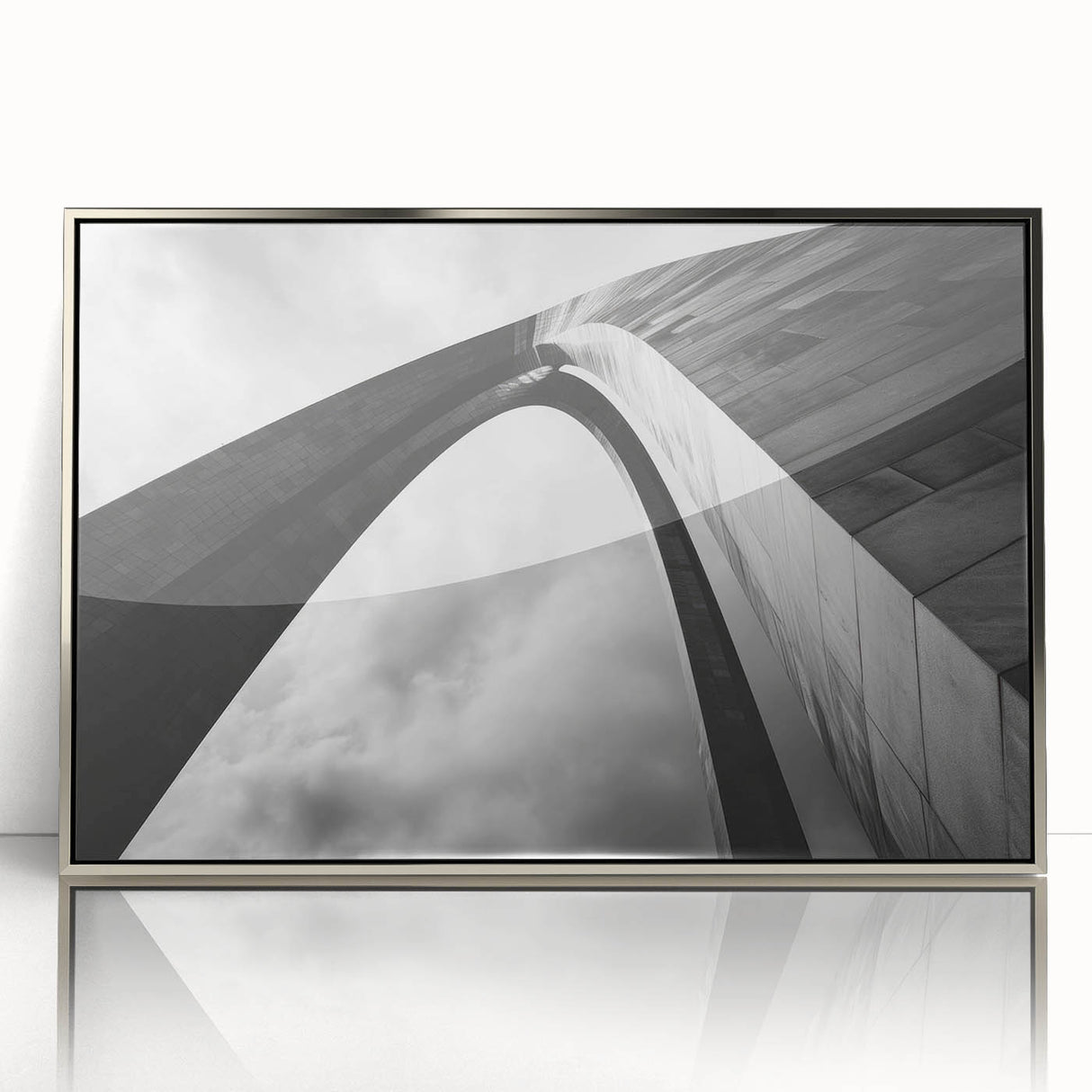 Mid-century modernist art of St. Louis skyline in silver acrylic frame, featuring pastel shades, ideal for nursery wall art.