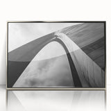 Mid-century modernist art of St. Louis skyline in silver acrylic frame, featuring pastel shades, ideal for nursery wall art.