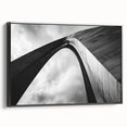 Framed canvas featuring a black and white vintage poster art of the St. Louis skyline, ideal for bedroom wall decor.