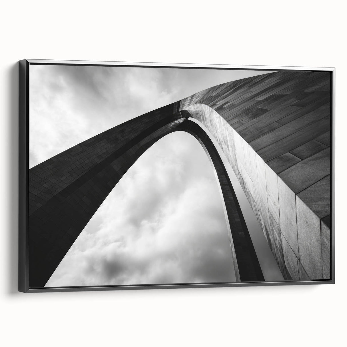 Framed canvas featuring a black and white vintage poster art of the St. Louis skyline, ideal for bedroom wall decor.