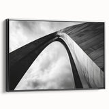 Framed canvas featuring a black and white vintage poster art of the St. Louis skyline, ideal for bedroom wall decor.