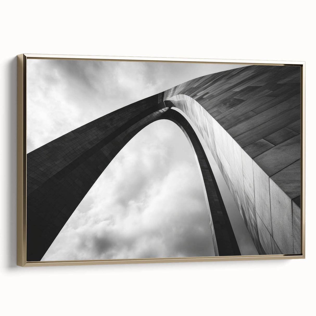 Framed canvas of St. Louis skyline in vintage poster style, with muted gold and black tones, ideal for bedroom wall art.