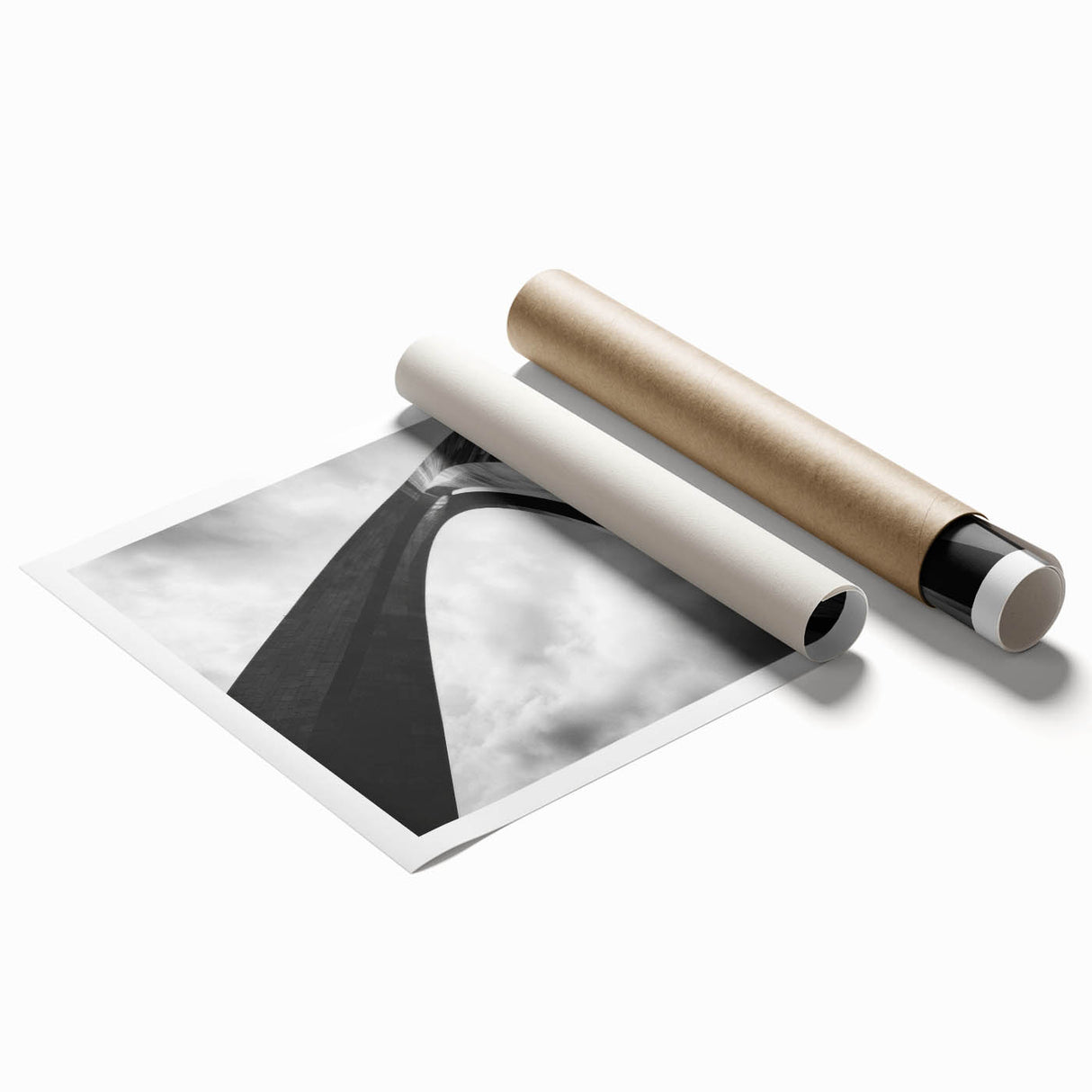 Extra large rolled print of St. Louis skyline with muted blue and gray tones, ideal for classy bathroom wall art.