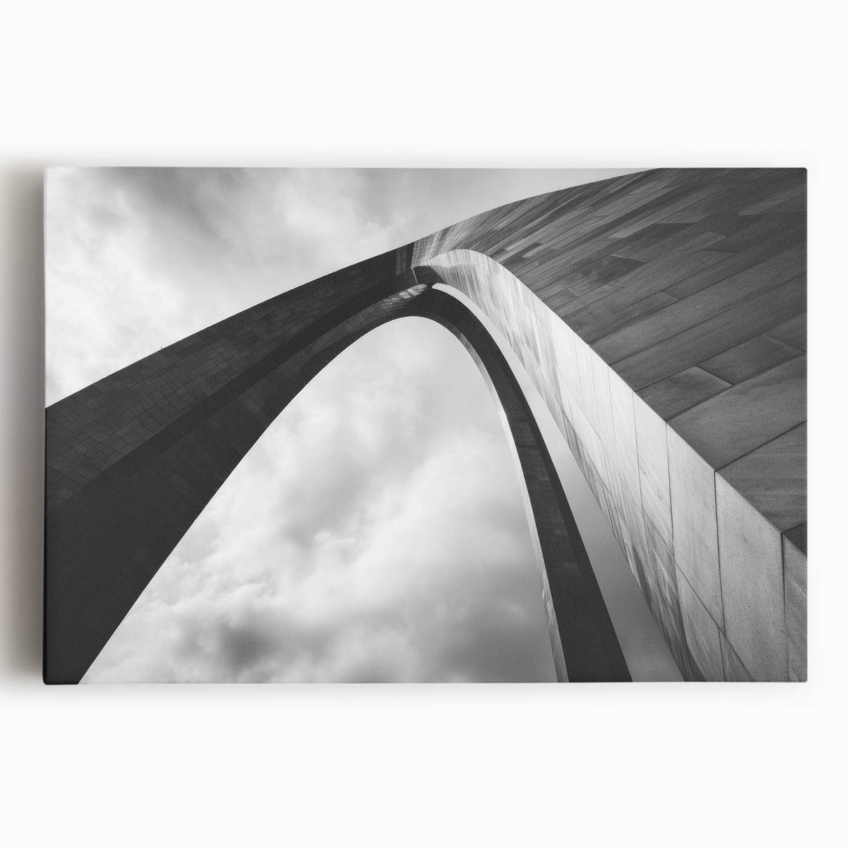 Black and white stretched canvas of the St. Louis skyline, ideal for kitchen wall art or bedroom decor.