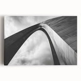 Black and white stretched canvas of the St. Louis skyline, ideal for kitchen wall art or bedroom decor.