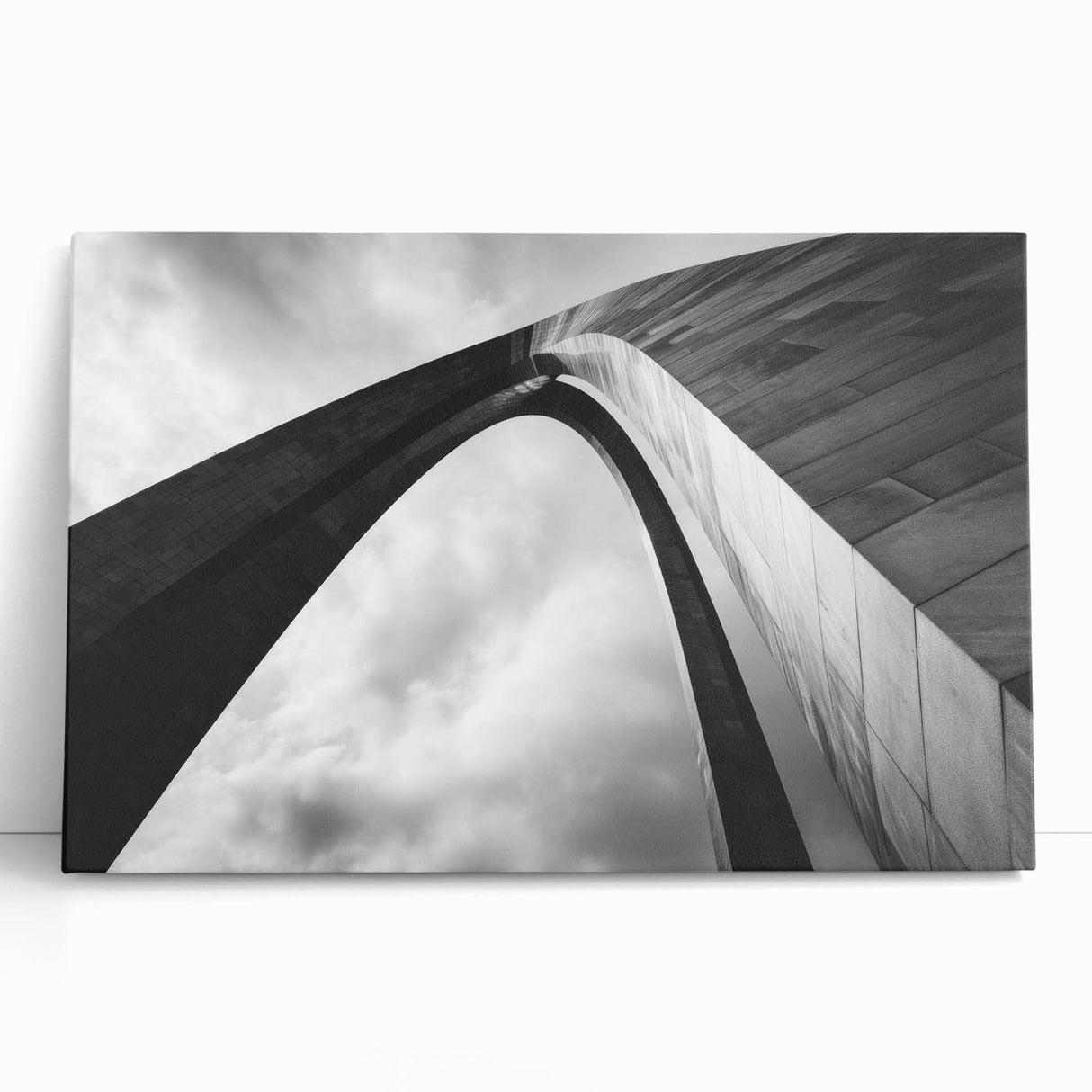 Black and white stretched canvas of St. Louis skyline, ideal for kitchen wall art.