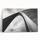 Black and white stretched canvas of St. Louis skyline, ideal for kitchen wall art.