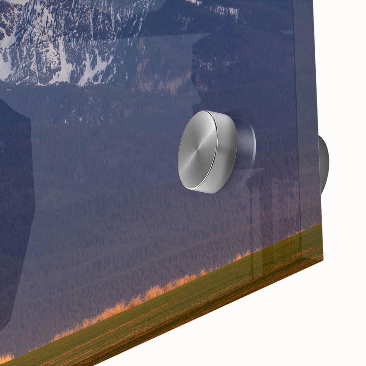 Large abstract wall art depicting a Montana scenery in muted earth tones on acrylic glass, suitable for dining room ambiance.