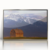 Mid-century modernist art depicting Montana scenery in muted earth tones on a framed acrylic panel.