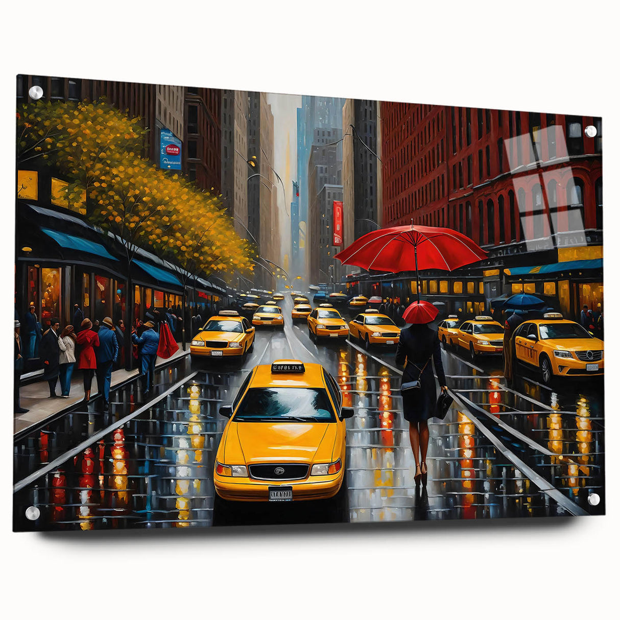 Acrylic print of Manhattan skyline in muted gray and blue tones, suitable for modern bedroom or dining room decor.