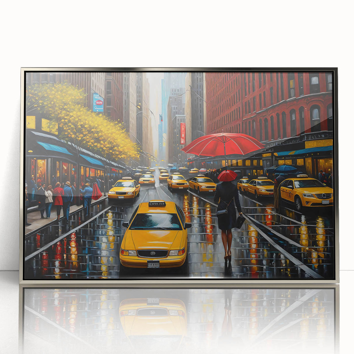 Mid-century modernist art of Manhattan skyline in muted colors on framed acrylic, suitable for modern art wall decor.