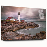 Acrylic print of Portland, Oregon skyline in muted blue and gray tones, suitable for bedroom or dining room decor.