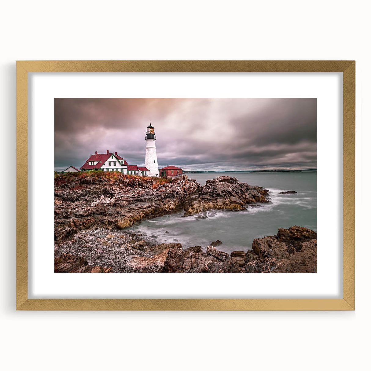 Extra large abstract art print depicting textured scenery of Portland, Oregon in muted earth tones, framed in gold.