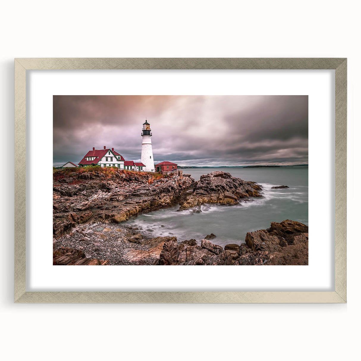Textured art depicting abstract Portland, Oregon scenery in muted greens and blues on a framed silver mat.